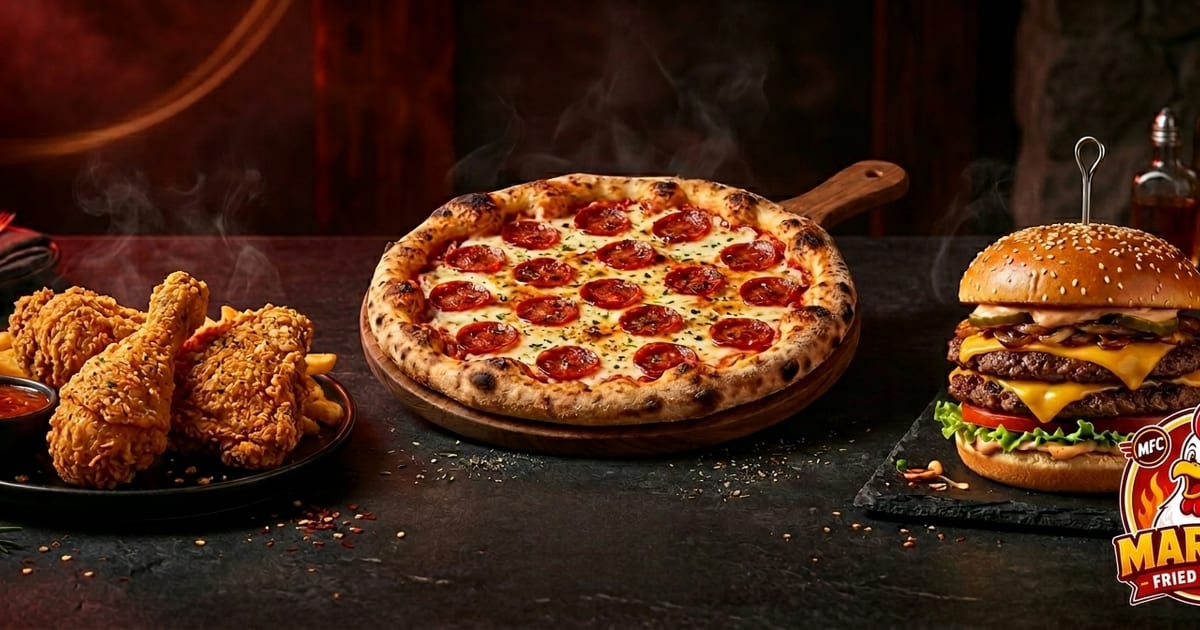 MFC signature spread of pizza, broast, and burgers